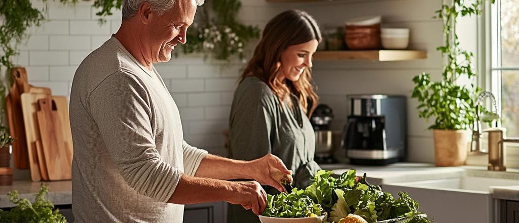 A couple smiles as they wash lettuce in their brightly lit kitchen.