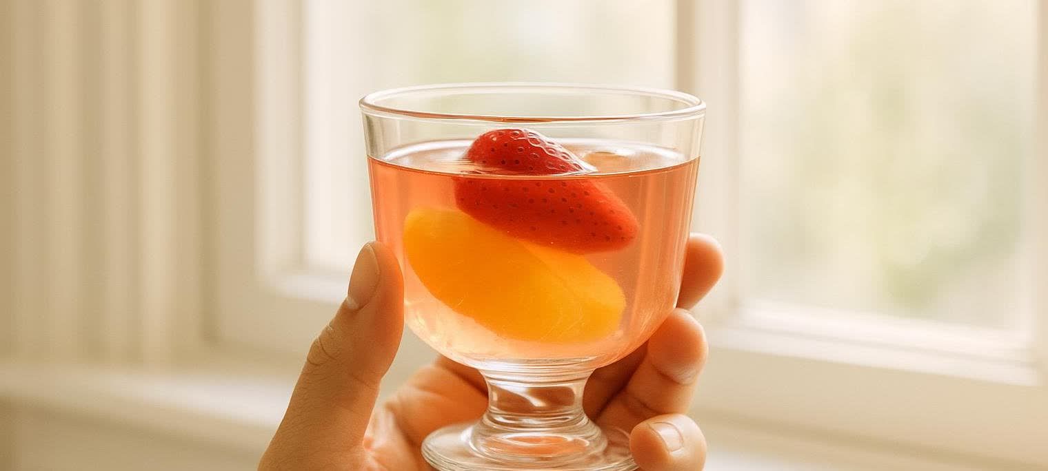 A person holds a clear glass cup filled with pink, fruit-infused gelatin. A whole strawberry and a slice of peach are visible within the gelatin. The background is a soft, blurred light from a window.