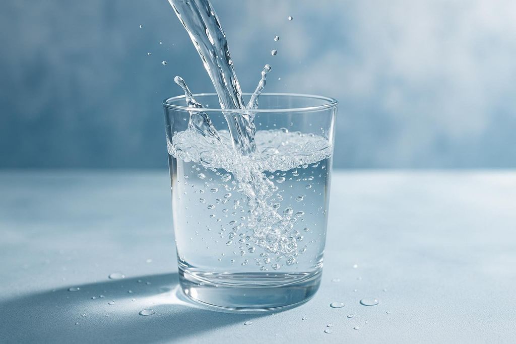 Water is being poured into a clear glass, creating splashes and bubbles. The scene is set against a soft blue background, with water droplets on the surface below the glass.