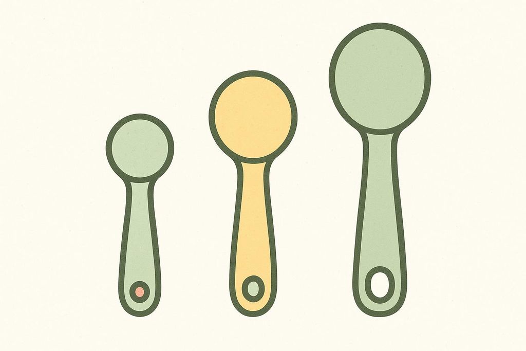 An illustration of three spoons of increasing size, from small to large, symbolizing different dosage levels or quantities. The smallest spoon is light green, the medium spoon is yellow, and the largest spoon is light green.
