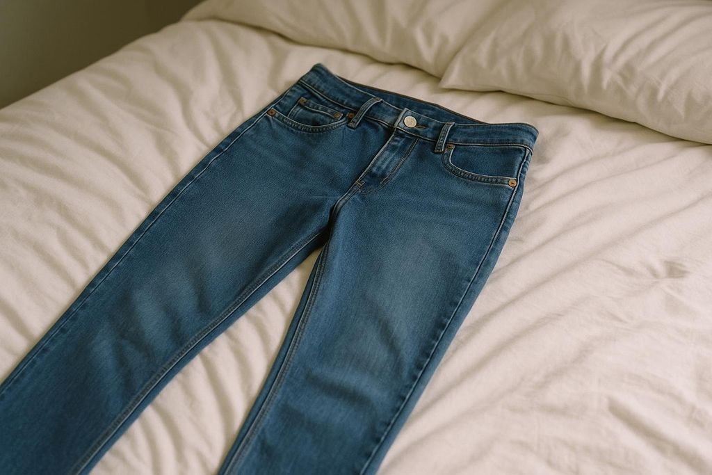 A pair of medium wash blue jeans are laid out casually on a white bed with pillows in the background. The jeans appear folded or flattened, showcasing their texture and color.