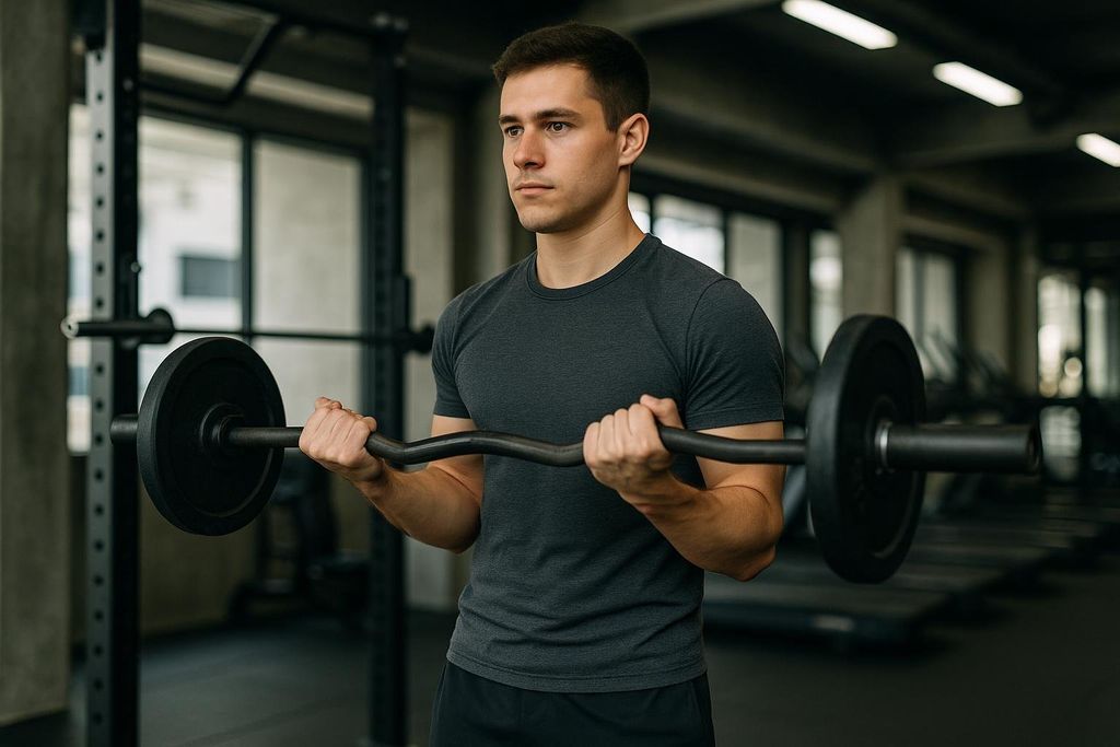 A man is doing bicep curls with an EZ bar in a gym.