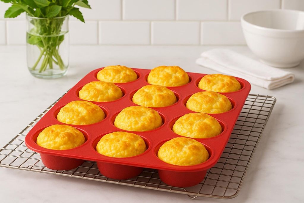 Freshly baked high protein cottage cheese egg bites with golden tops, presented in a red silicone muffin pan on a wire cooling rack. In the background, there's a glass vase with green herbs and a white bowl with a folded towel.