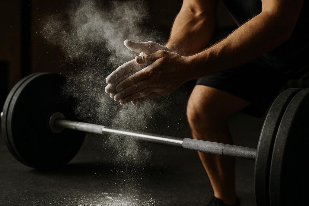 Close-up of gym chalk on hands, preparing for a heavy lift.