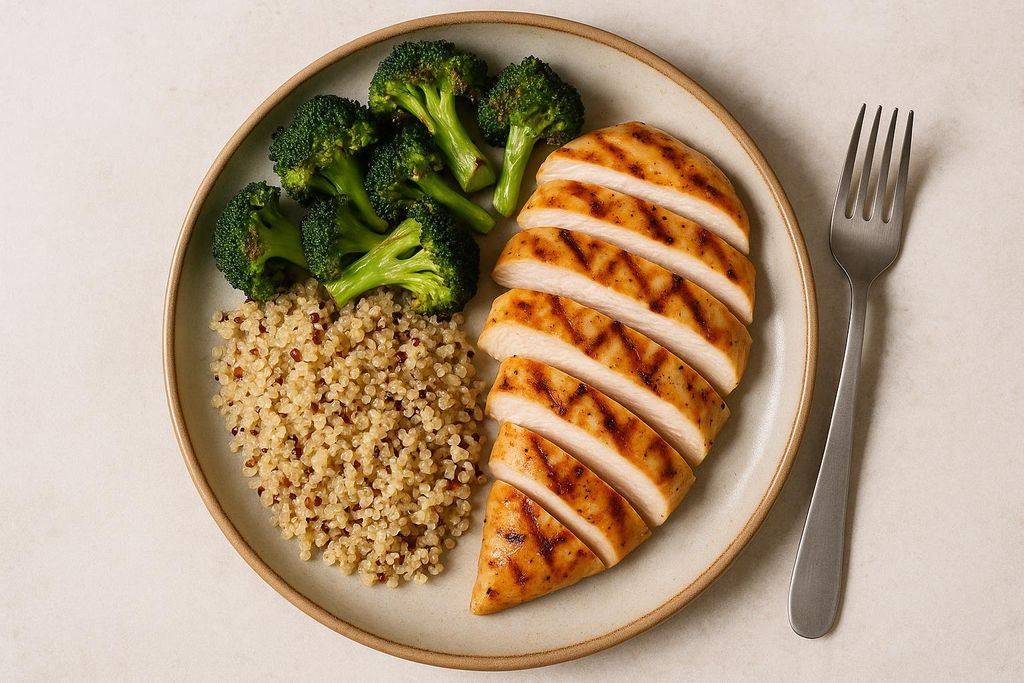 A healthy meal plate featuring sliced grilled chicken breast with grill marks, a side of quinoa, and several florets of steamed broccoli. A silver fork is resting next to the plate.