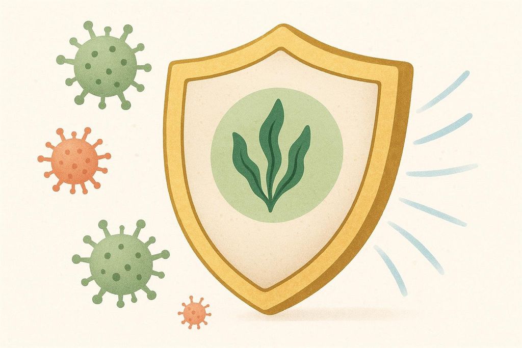 A stylized golden shield with green leaves in the center deflects multiple green and orange virus particles, symbolizing a strong immune system.