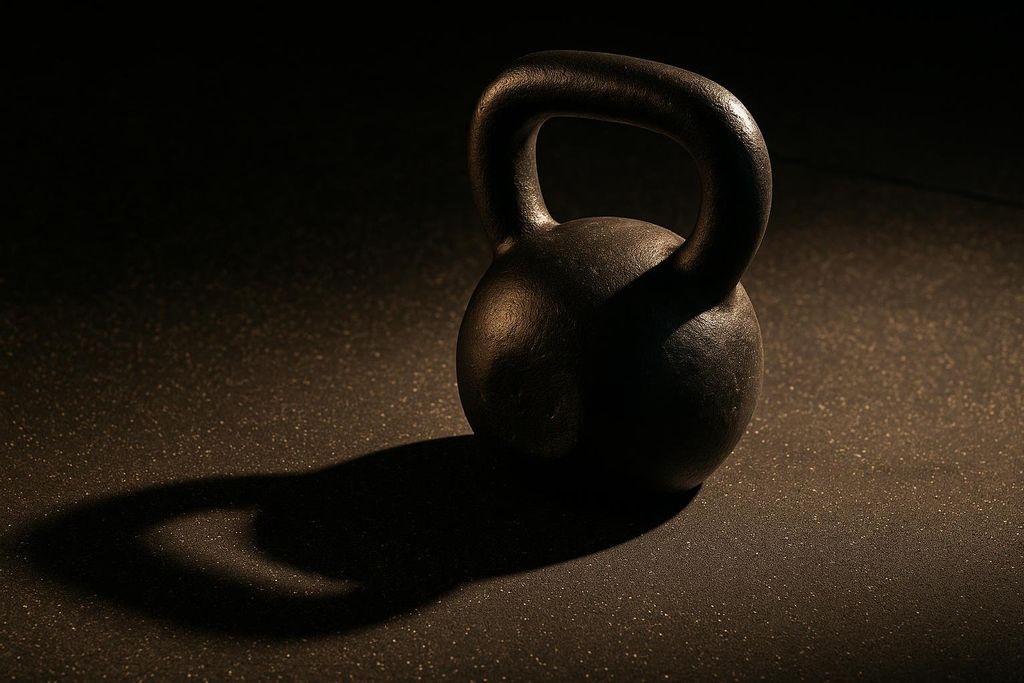 A black kettlebell sits on a dark, speckled gym floor, dramatically lit from the side to cast a long shadow.