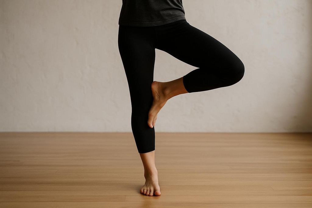 A person in black leggings and a dark gray shirt balancing on one bare foot on a light wooden floor, with their other foot placed against the inner thigh of their standing leg, in what appears to be a yoga tree pose. A light-colored wall is in the background.