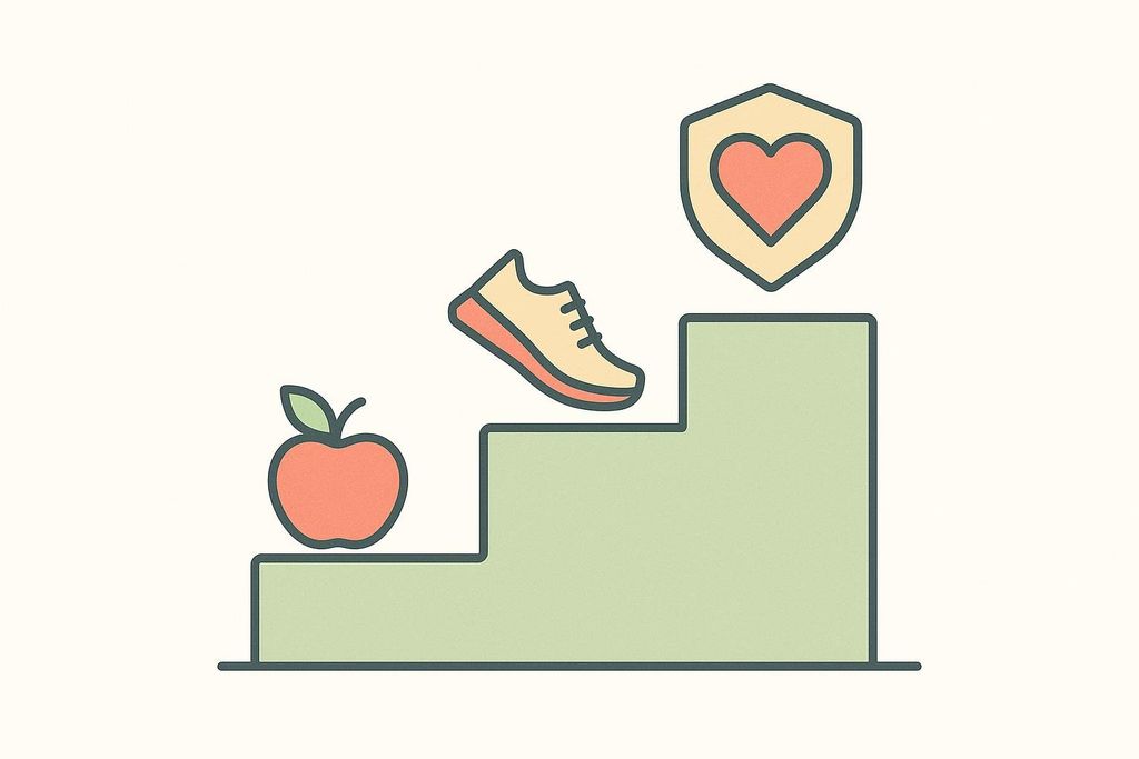 A three-step staircase graphic with an apple on the first step, a running shoe on the second, and a shield with a heart on the top step, symbolizing progressive health goals for managing sleep apnea including diet, exercise, and long-term health.