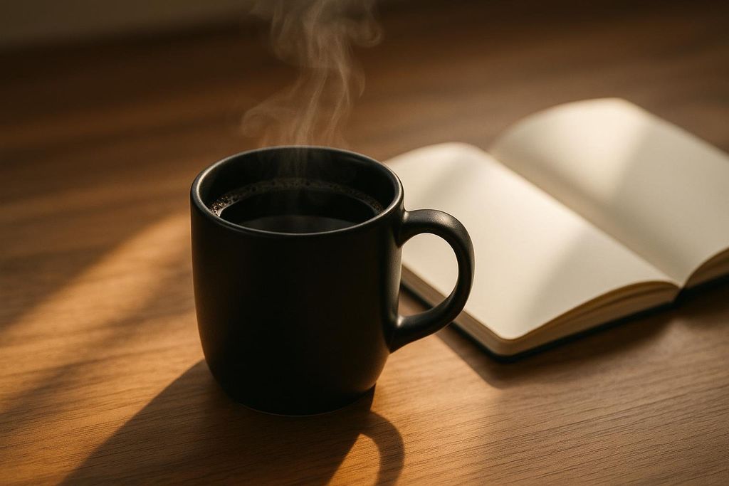 A black mug of steaming black coffee sits on a wooden table next to an open journal. Sunlight casts shadows on the table.