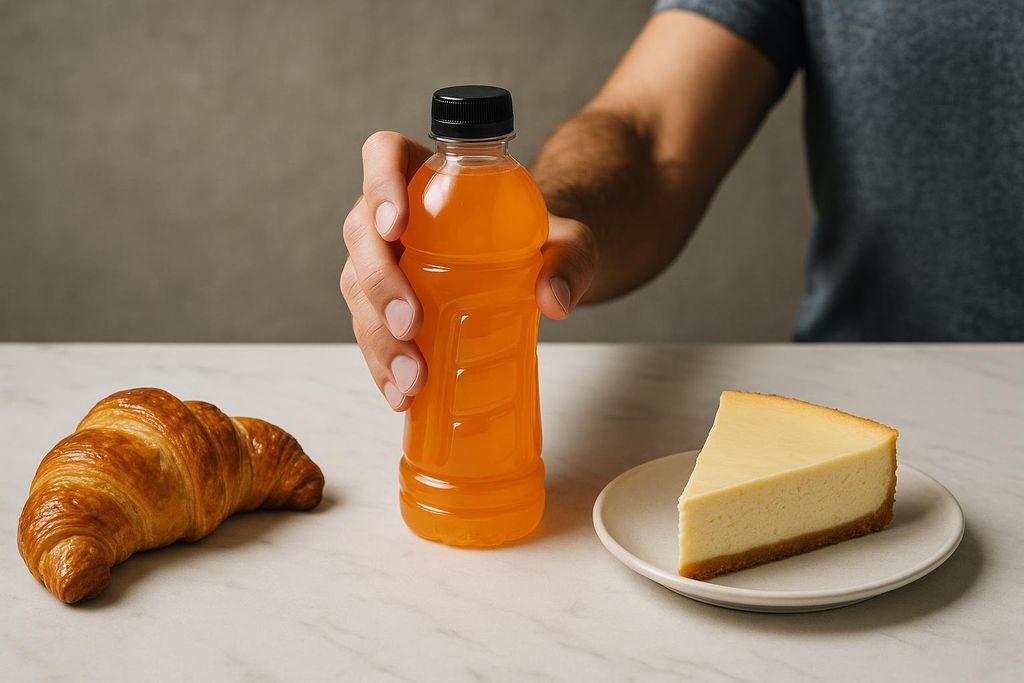 A person's hand reaches for an orange sports drink, while a croissant and a slice of cheesecake sit on a white marble surface nearby. The image suggests a choice of drink over sugary pastries.