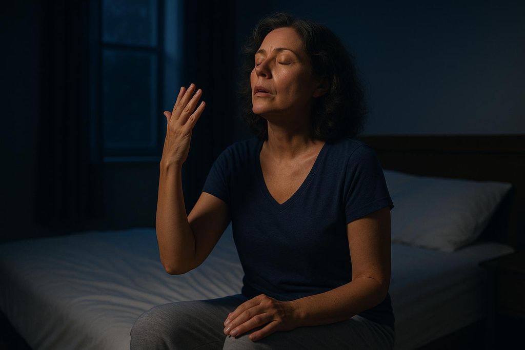 A woman experiencing a night sweat, sitting on her bed and fanning herself, a common symptom of perimenopause.