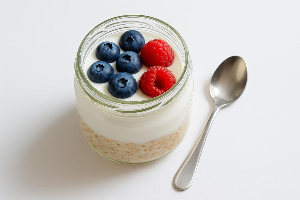 An angled overhead shot of a glass jar filled with overnight oats, topped with a layer of white yogurt or kefir, and garnished with five fresh blueberries and two red raspberries. A silver spoon rests to the right of the jar on a plain white surface.