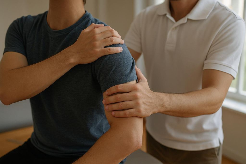 A physical therapist in a white polo shirt gently stretches the shoulder of a patient wearing a dark grey t-shirt. The patient's left arm is bent at the elbow while the therapist supports the patient's arm and shoulder.