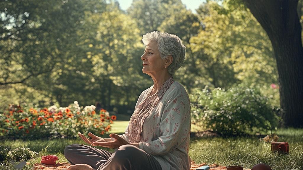An elderly woman with grey hair sits cross-legged on a mat in a park, meditating with her eyes closed and hands open.