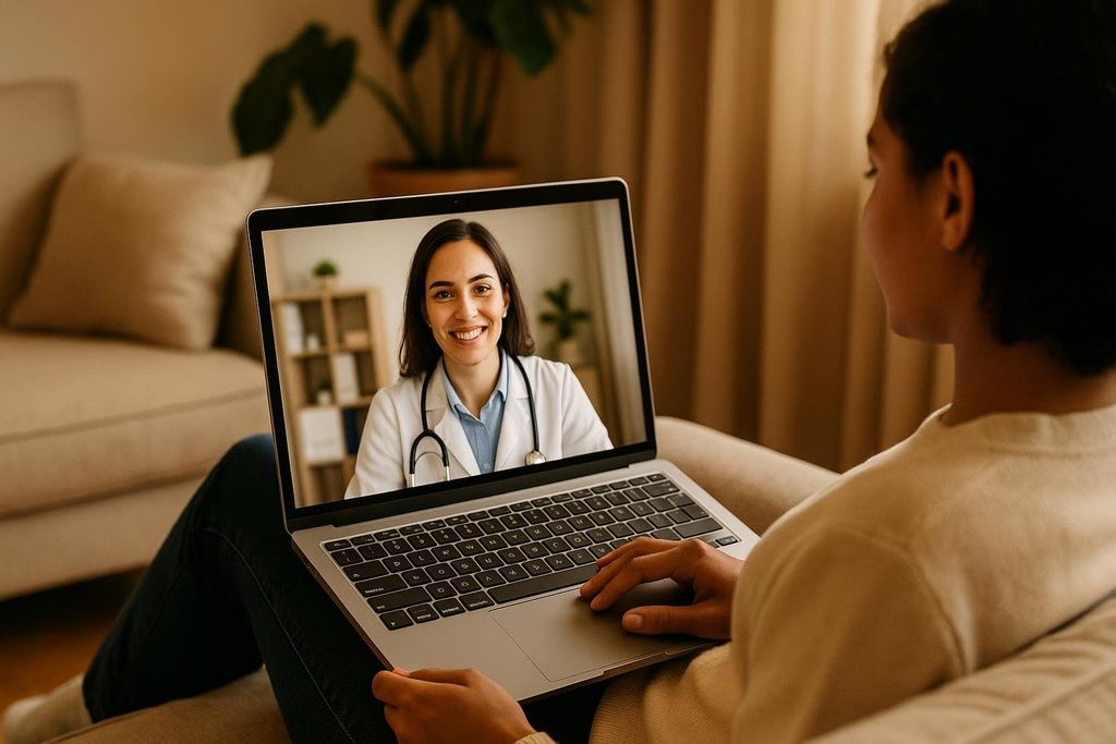 A person having a telehealth consultation with a doctor on their laptop. The doctor on screen is smiling, dressed in a lab coat with a stethoscope.