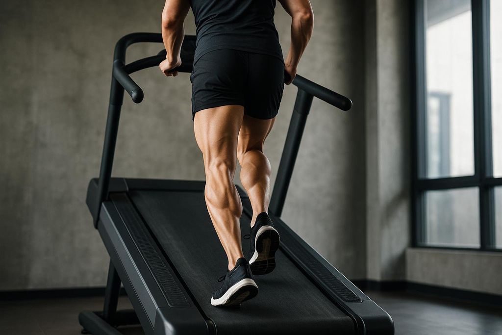 A person power walking on a steep treadmill incline, a challenging form of low-impact cardio, captured from behind to showcase their muscular legs.