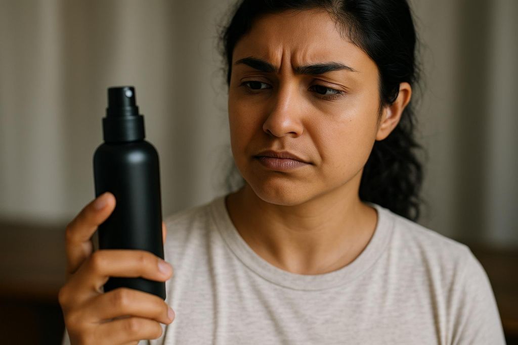 A woman with a skeptical or perplexed expression looks at a black spray bottle she holds in her hand. Her brow is furrowed, suggesting doubt or concern.