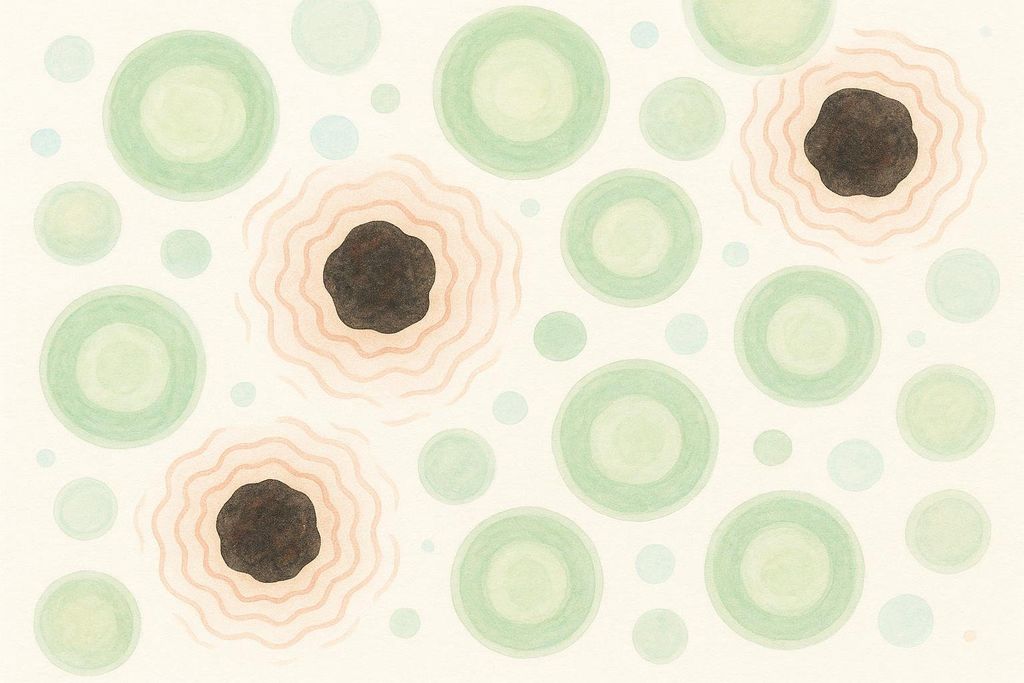An abstract illustration depicting circular and wavy cell-like structures in shades of green, light blue, and brown on an off-white background.
