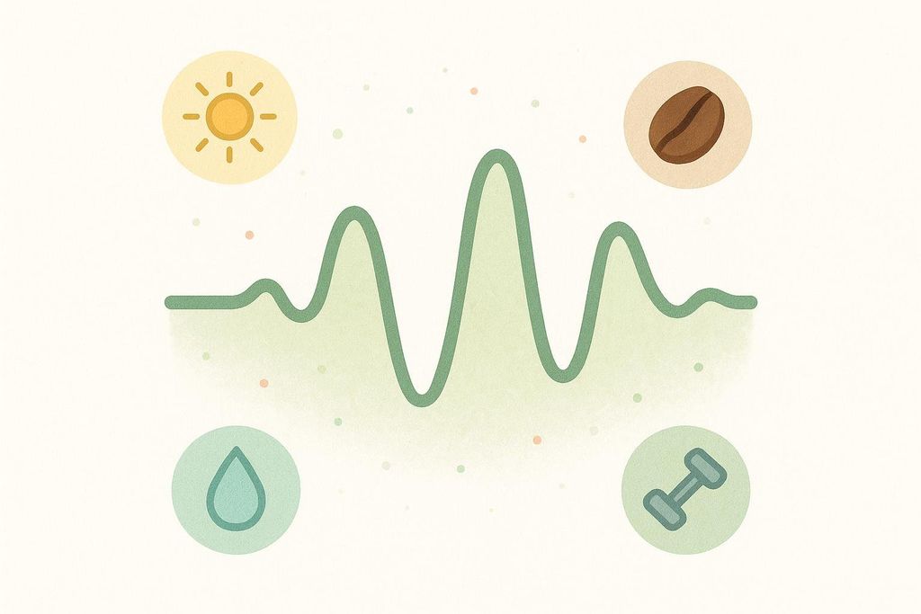 An illustration showing a wavy line graph surrounded by icons for sun, caffeine, hydration, and exercise, representing factors that cause daily fluctuations in grip strength.