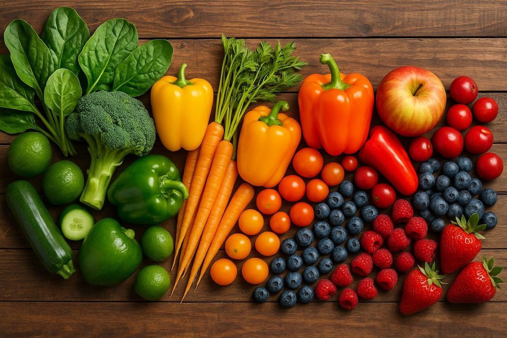 A vibrant assortment of fresh fruits and vegetables artfully arranged on a dark wooden surface, showcasing various colors and textures for a healthy diet.