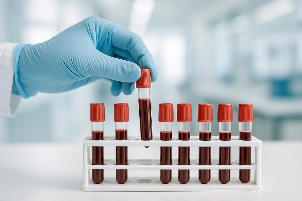 A gloved hand of a lab technician places a blood sample vial into a rack containing other blood samples. The samples are in test tubes with red caps.