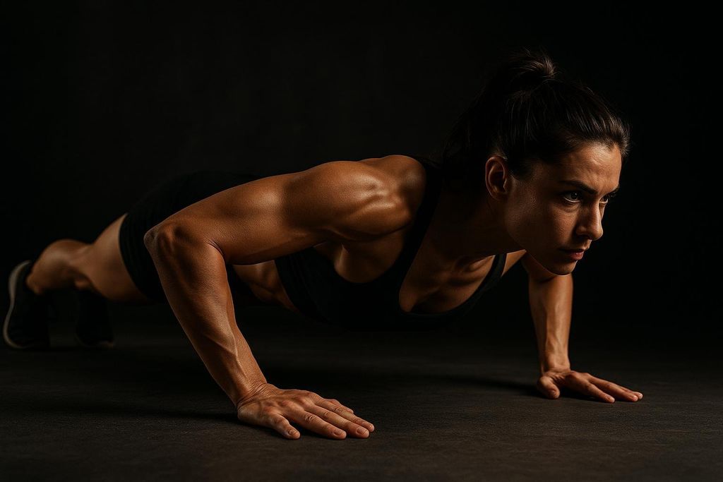 A fit woman holds a perfect push-up position, illuminated by dramatic side lighting that highlights her strong muscles, on a dark background. This image depicts good form for a Tabata exercise.