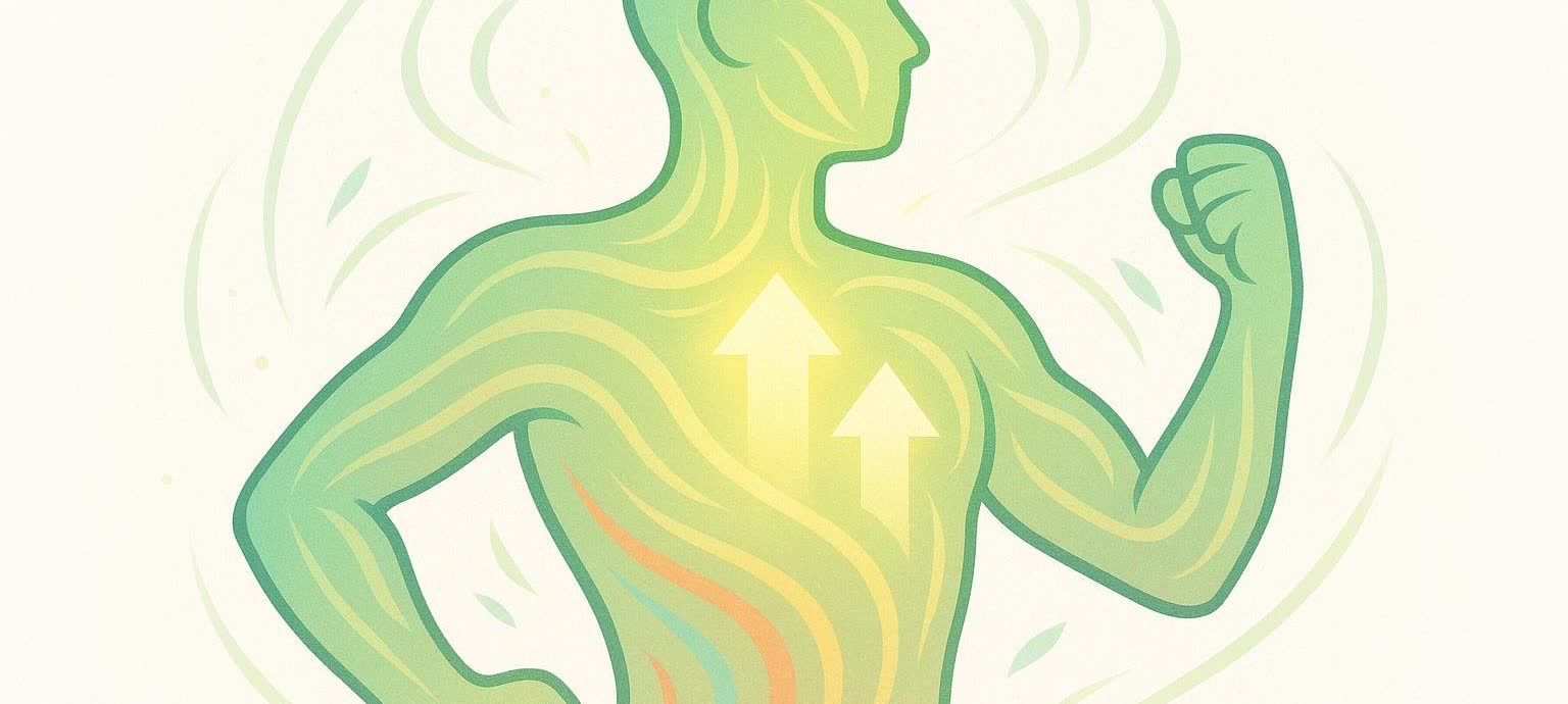 Abstract illustration of a human figure glowing with energy, representing a boosted metabolism and vitality.