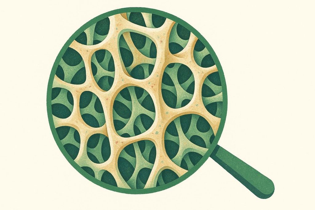 An illustration showing a magnified view of healthy, dense bone structure, depicted as a strong, latticed pattern of beige material with dark green spaces, framed within a green magnifying glass.