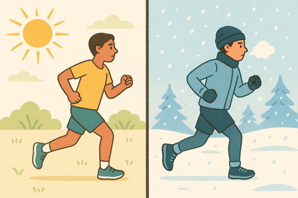 A split image showing a person exercising in the heat versus the cold, illustrating how environmental conditions affect calorie expenditure.