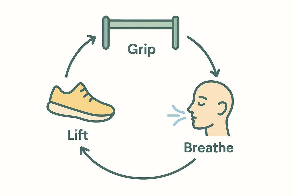An illustration showing three steps for a dead hang exercise, arranged in a circle with arrows indicating a cycle. The steps are 'Grip' (shown by a pull-up bar), 'Breathe' (shown by a person's head exhaling), and 'Lift' (shown by a sneaker).
