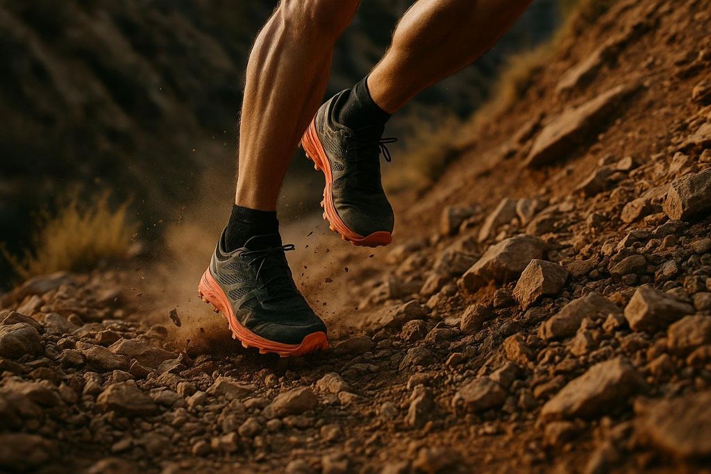 Close-up of a runner's feet in black and orange trail shoes kicking up dust and small rocks on a rugged, rocky path.