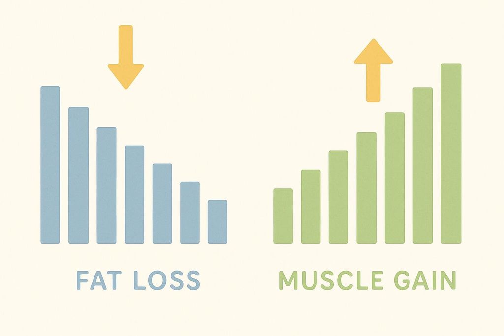 A bar chart illustrating progress, with blue bars decreasing under 'FAT LOSS' labeled with a downward arrow, and green bars increasing under 'MUSCLE GAIN' labeled with an upward arrow, demonstrating positive body composition changes.