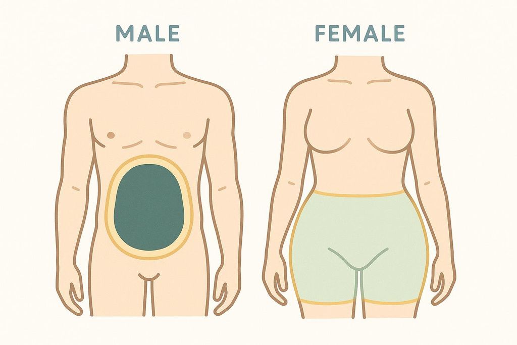Illustration showing the difference in fat storage patterns between males and females, with visceral fat shown in the male and subcutaneous fat in the female.