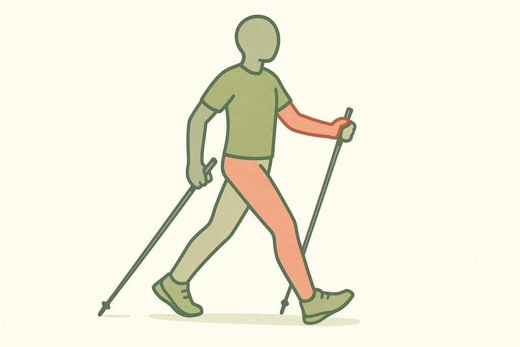 An illustration showing the correct Nordic walking technique, where the opposite arm and leg move forward simultaneously. The forward arm and leg are highlighted in red (arm) and peach (leg).