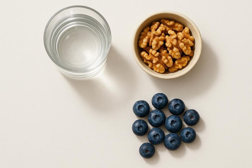 A flat lay image features a glass of water, a small bowl of walnuts, and a cluster of fresh blueberries on a light background. These items are associated with supporting brain function and focus.