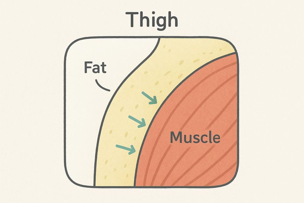 Illustration showing layers of fat receding to reveal muscle in a thigh, demonstrating the concept of 'toned'.