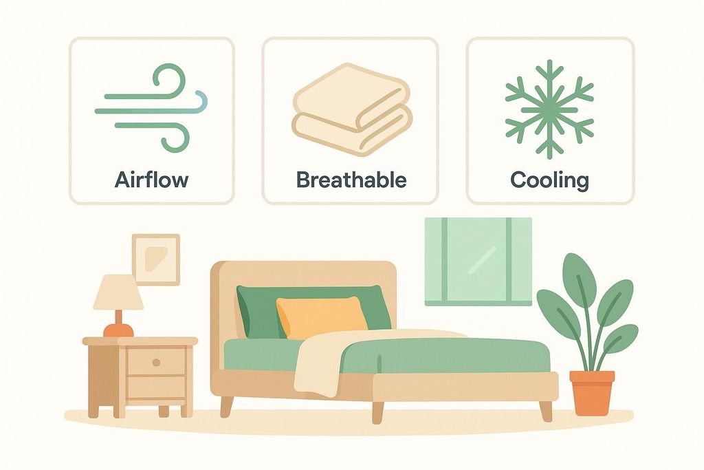 An illustration showing three icons above a bedroom scene. The icons represent 'Airflow' (swirling lines), 'Breathable' (folded fabric), and 'Cooling' (snowflake). Below, a bed with green bedding, a nightstand with a lamp, a window, and a potted plant are depicted.