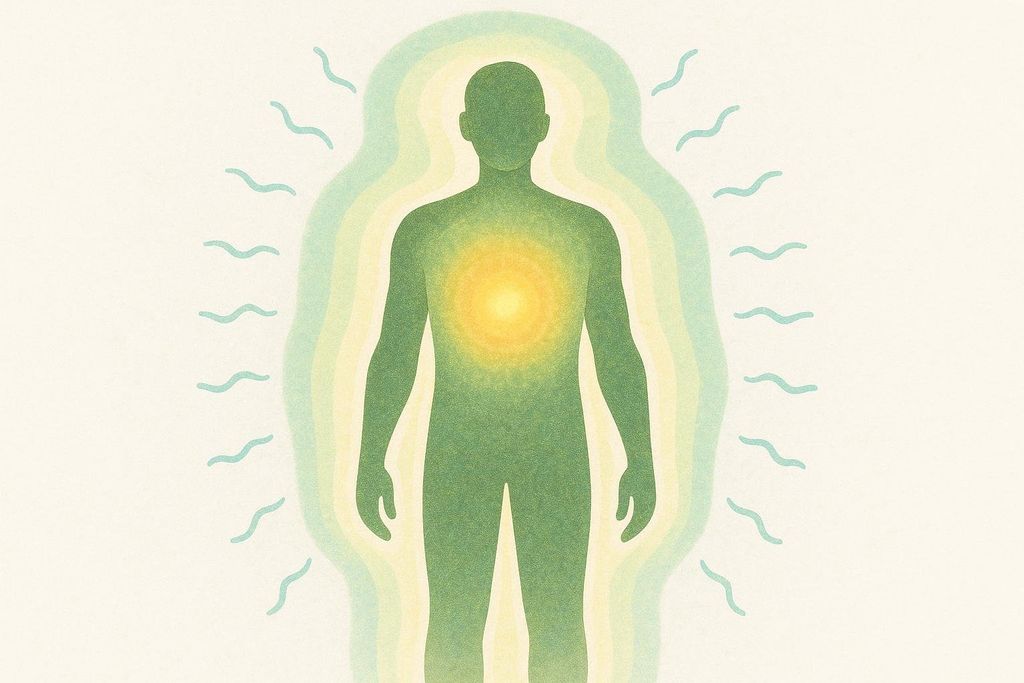 A green silhouette of a person with a bright yellow glow radiating from their chest, surrounded by lighter green and blue wavy lines representing an aura.