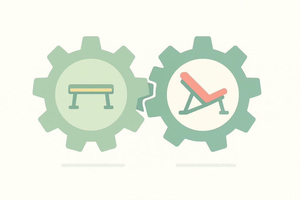Illustration of two interlocking gears, each with a different gym bench icon. The left gear has a flat bench icon, and the right gear has an incline bench icon.