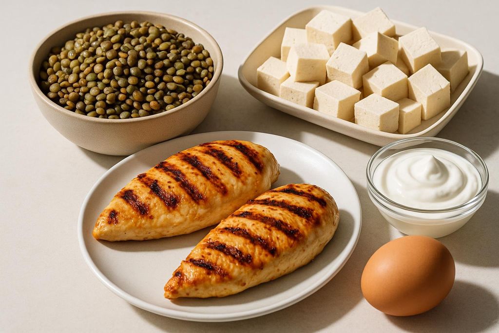 A visually diverse arrangement of high-protein food options including grilled chicken breasts, tofu cubes, lentils, Greek yogurt, and an egg, presented on a light-colored background.
