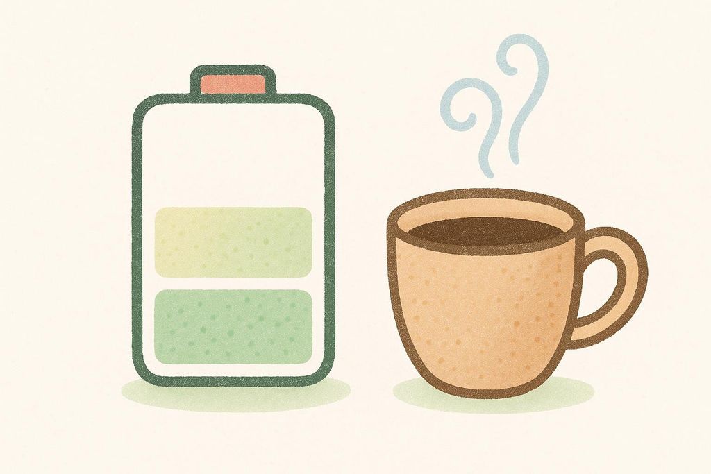 An illustration showing a battery icon on the left with two green bars indicating a medium charge, and a steaming mug of coffee on the right. The image suggest energy from coffee.