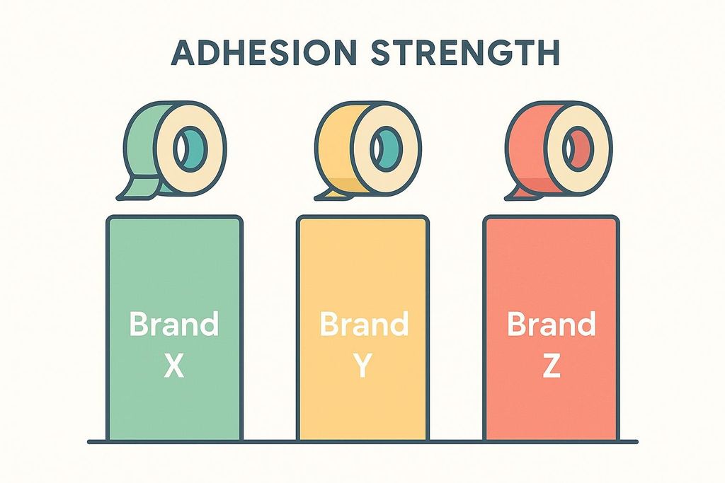 Bar chart comparing the adhesion strength of three tape brands: Brand X (green) has the lowest adhesion, Brand Y (yellow) has medium adhesion, and Brand Z (red) has the highest adhesion.