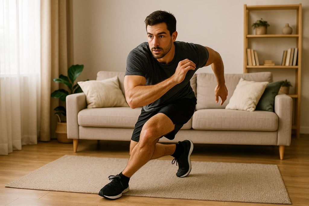 A man in athletic wear demonstrates a lateral Skater Step exercise in his living room, with a couch and bookshelf in the background.
