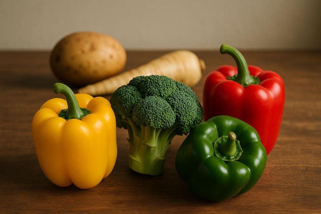A yellow, green, and red bell pepper along with a head of broccoli are in focus in the foreground on a wooden surface. Out of focus in the background are a potato and a parsnip.