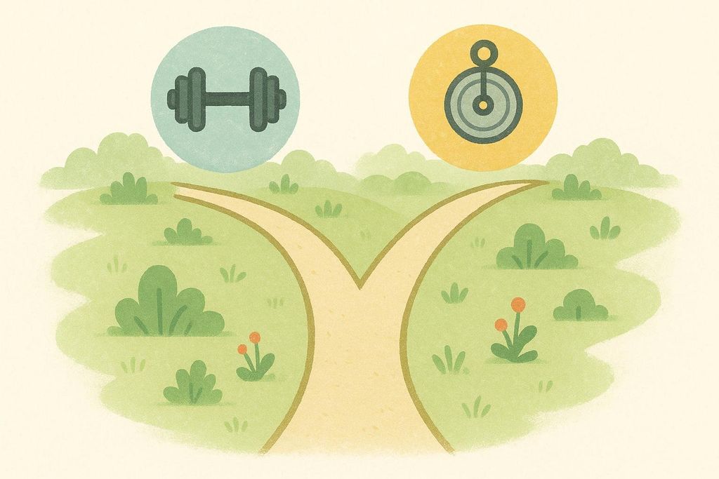 An illustration showing a forked path through green grass and bushes. The left path leads to a circular icon containing a dumbbell, while the right path leads to a circular icon containing a machine pulley.