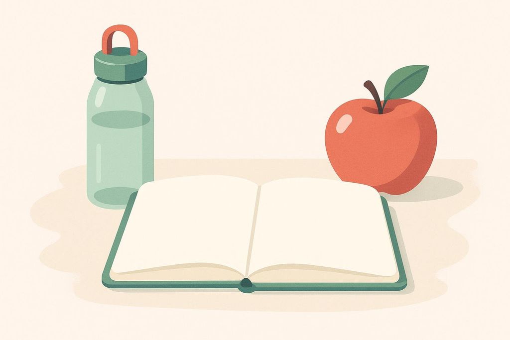 Blank notepad with a water bottle and apple