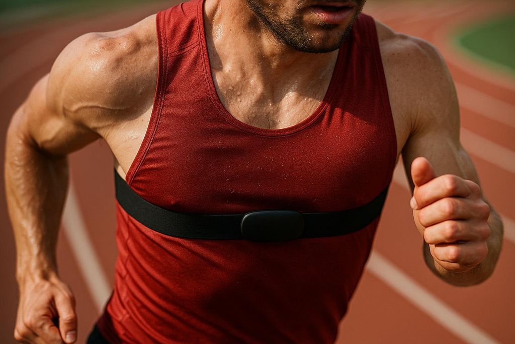 Close-up of a male athlete running on a track, wearing a red tank top and a black heart rate monitor chest strap. Sweat beads are visible on his skin.