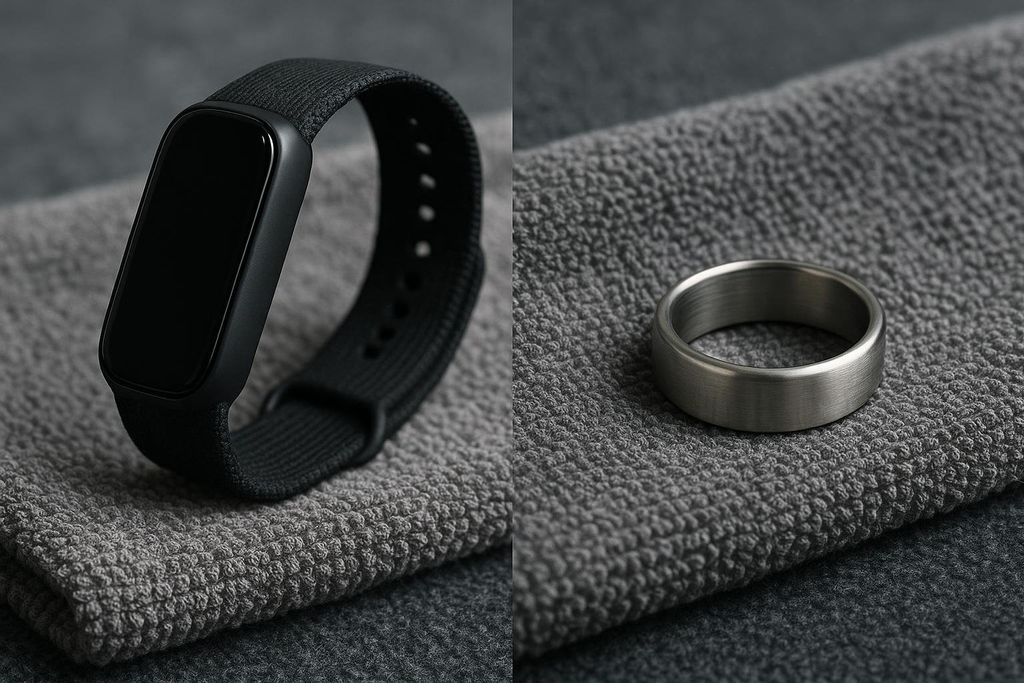 A black fitness wristband with a dark screen and a brushed metallic ring are placed side-by-side on a gray, textured gym towel. The items are shown in sharp focus against a subtly blurred dark background.