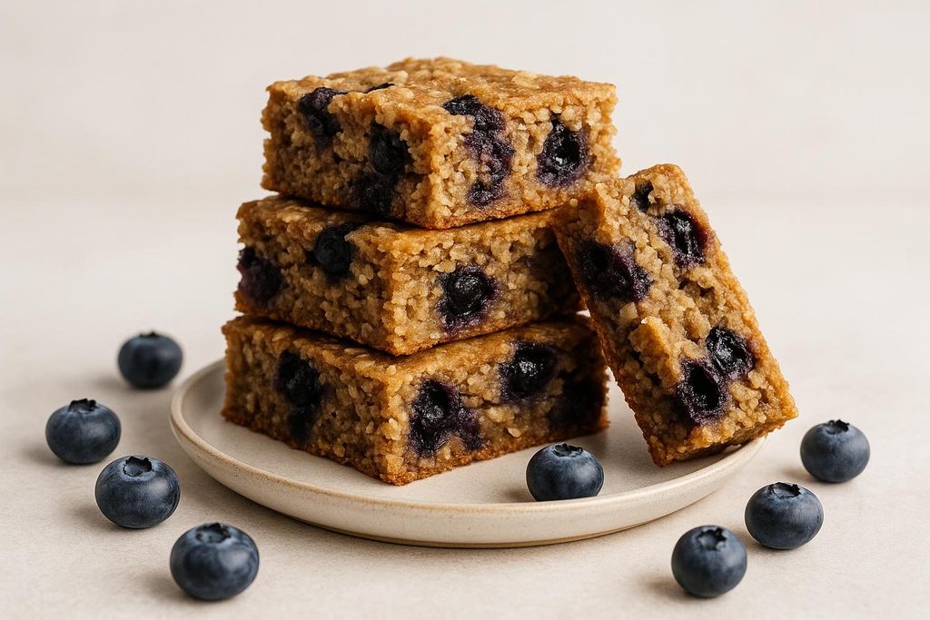 A stack of three homemade baked blueberry oatmeal bars on a light-colored plate, with an additional bar leaning against the stack. Fresh blueberries are scattered around the plate, suggesting a delicious and healthy breakfast or snack.